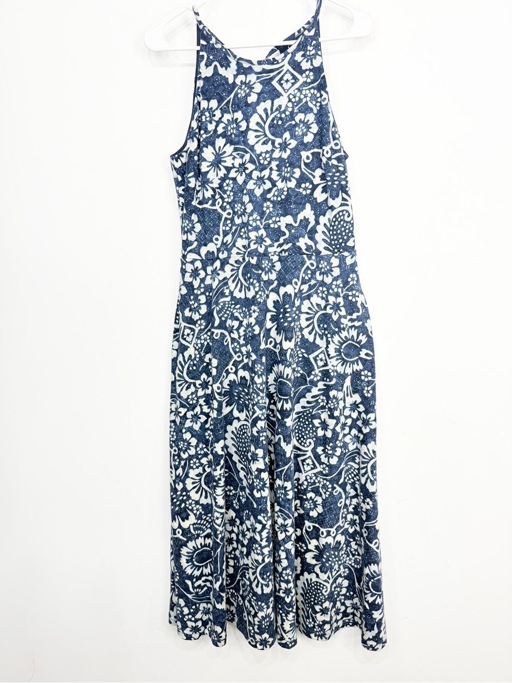 Chaps Navy Blue White Tropical Floral Cotton Halter Cut Sleeveless Maxi Dress